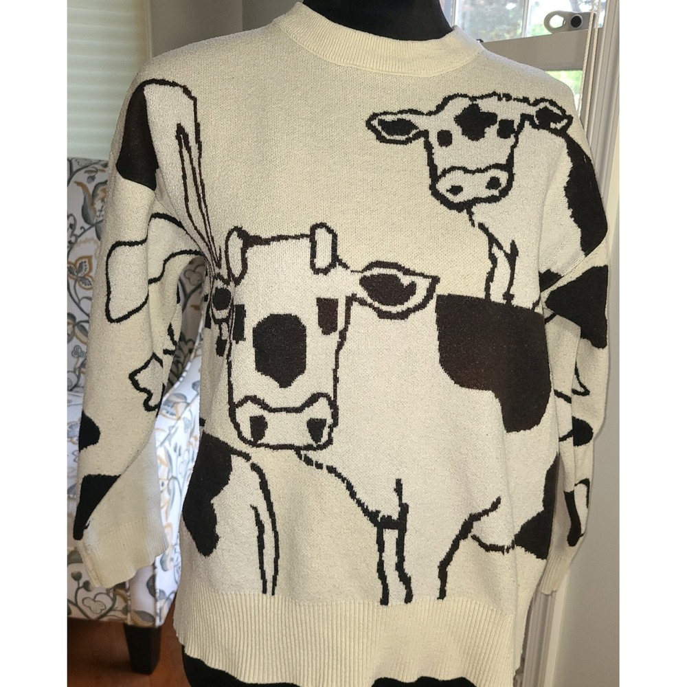 Cow Sweater,‎ Women's, One Size, Cool Cream Black Moo!  Artsy Farm Pullover